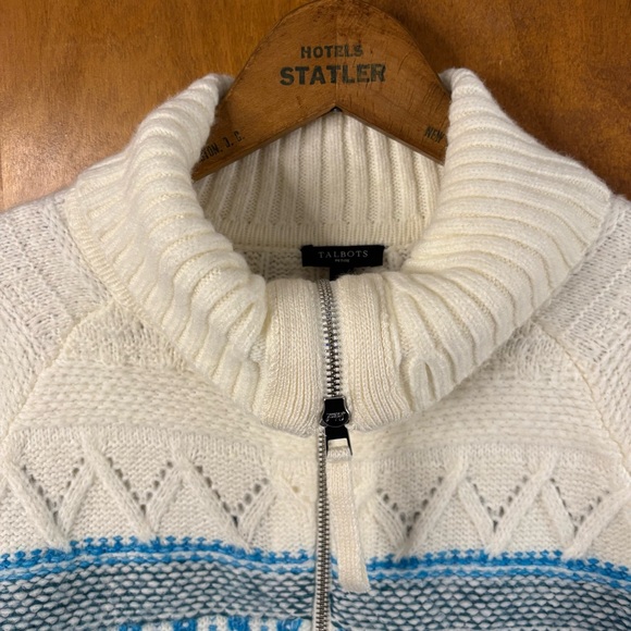 Talbots Ivory Blue Full Zip Fair Isle Cable Knit Cardigan Sweater Fisherman Soft - Picture 10 of 16